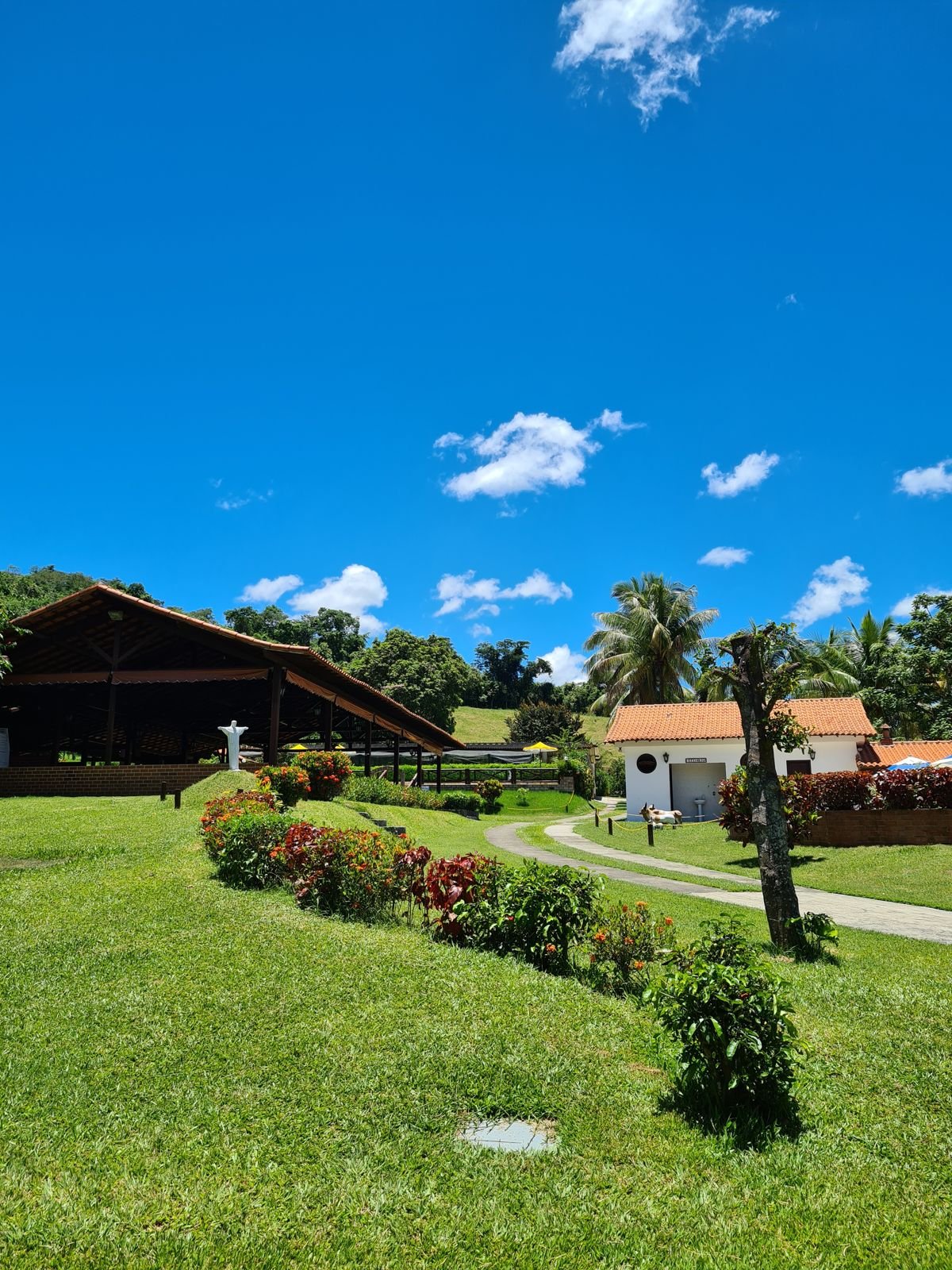 Salão coberto, chalé e jardim florido sob céu azul
